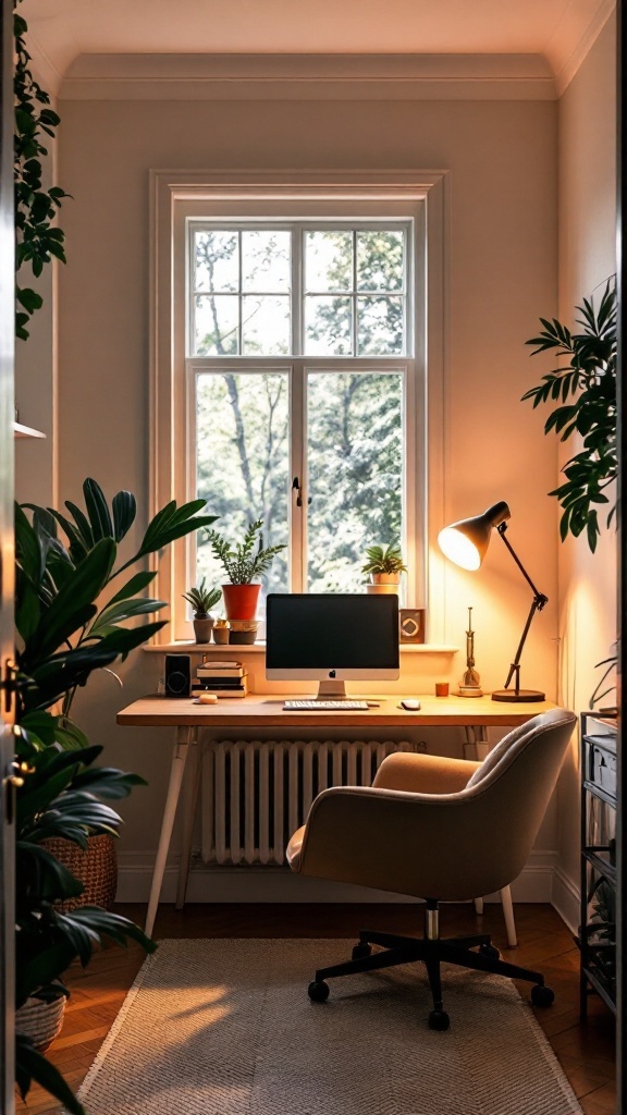 Cozy small home office with warm lighting, including table lamps and a ceiling fan.