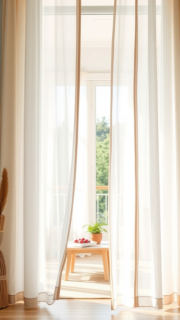 A bright living room with sheer curtains, a wooden table, and a potted plant.