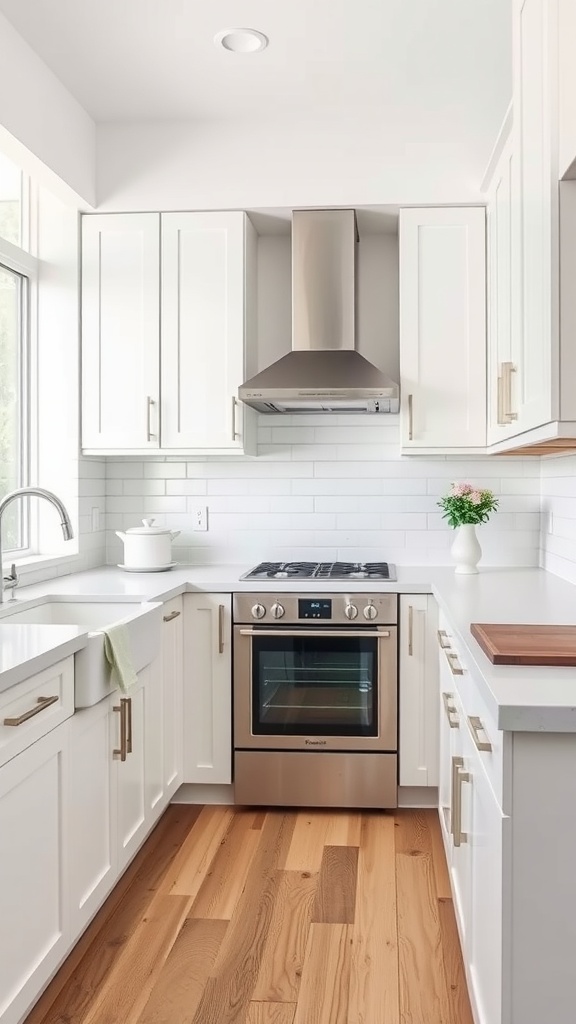 A kitchen featuring Linen White cabinets, a stainless steel stove, and wooden flooring