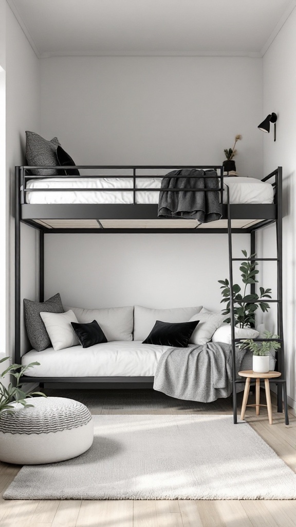 A modern loft bed in a small room, featuring a black frame, a cozy daybed underneath, and decorative pillows.