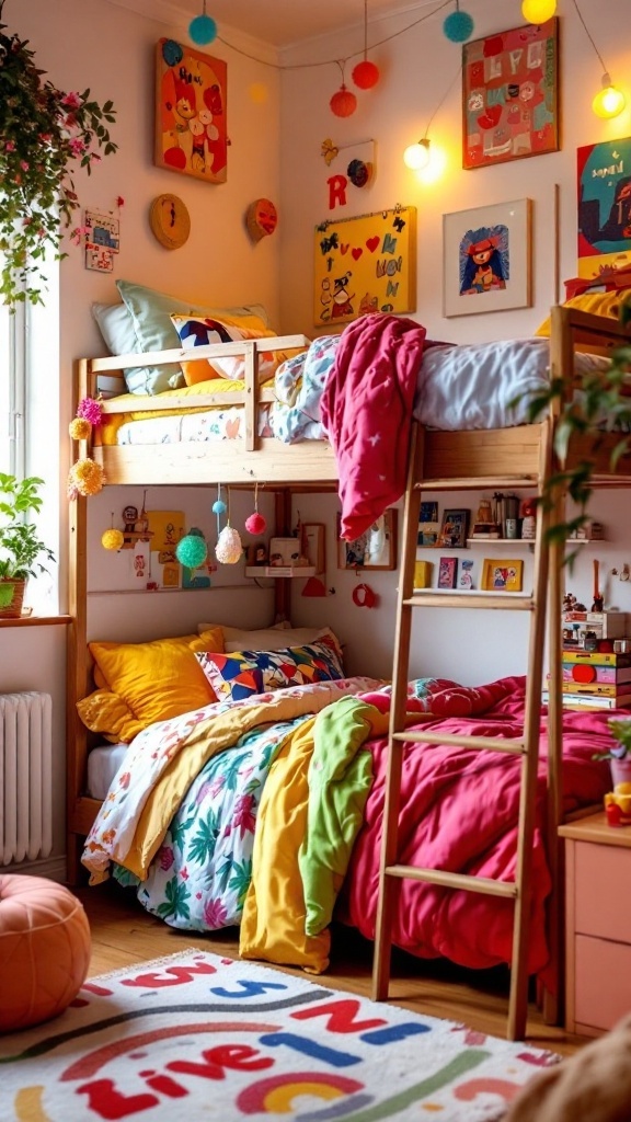 A colorful loft bed in a small room, decorated with bright bedding and cheerful wall art.