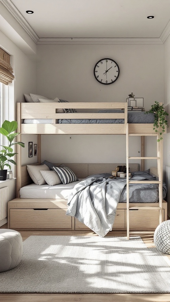 A cozy loft bed in a small room featuring light wood, soft bedding, plants, and a rug.