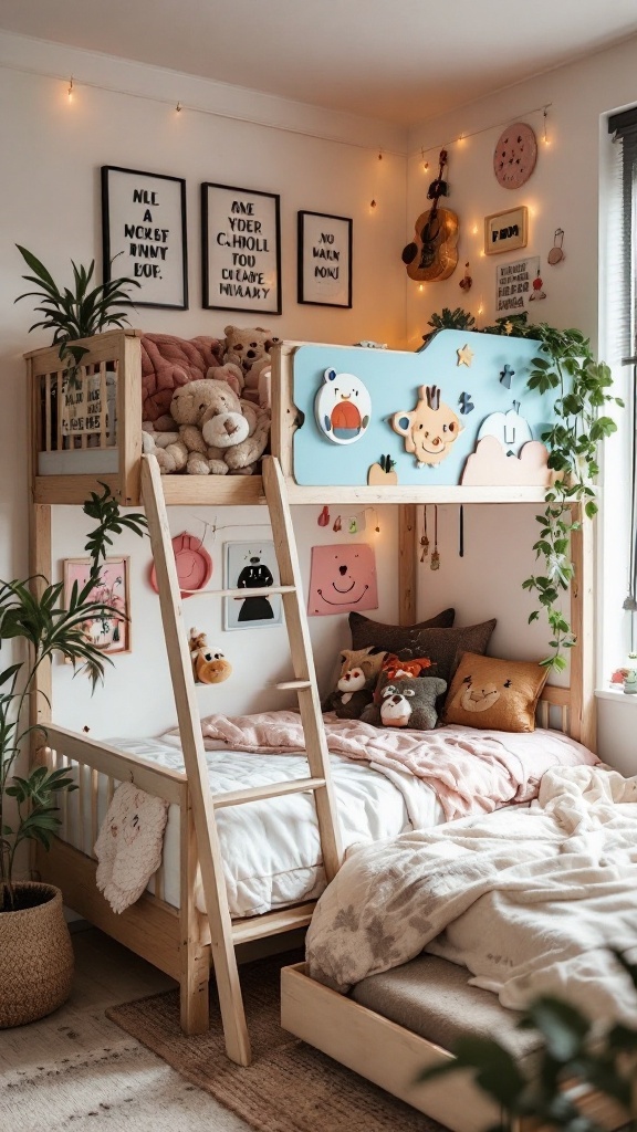 Cozy loft bed with artistic design, featuring colorful elements, plush toys, and warm decor.