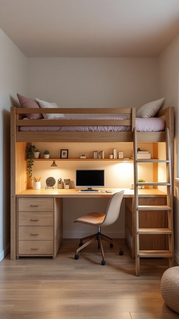 A cozy loft bed with a built-in desk in a small room, featuring a wooden frame, a computer, and decorative plants.