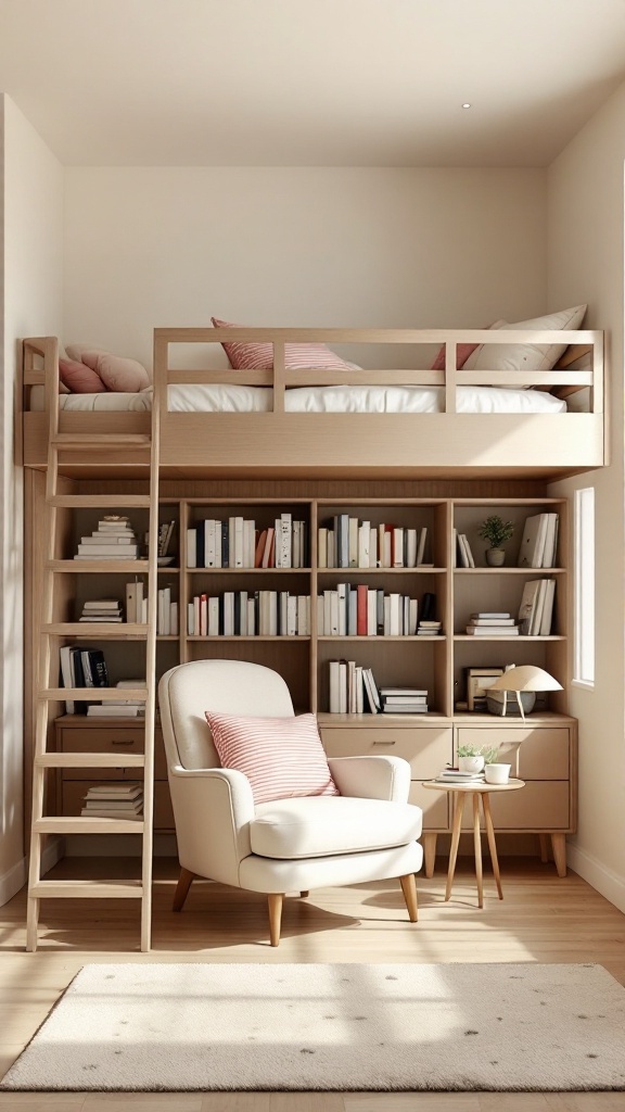 A cozy loft bed with a reading area underneath, featuring a comfortable chair, bookshelves filled with books, and soft lighting