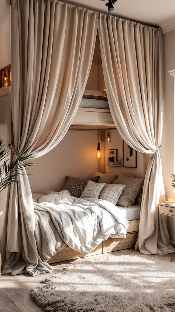 A cozy loft bed with soft curtains, creating a private sleeping space in a small room.