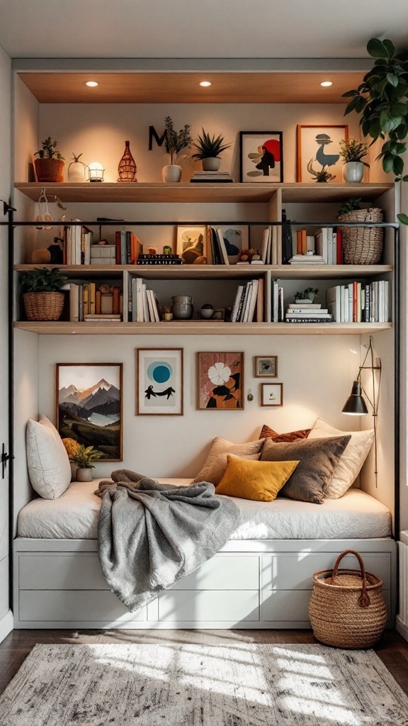 A cozy loft bed with integrated shelving, featuring books, plants, and artwork.