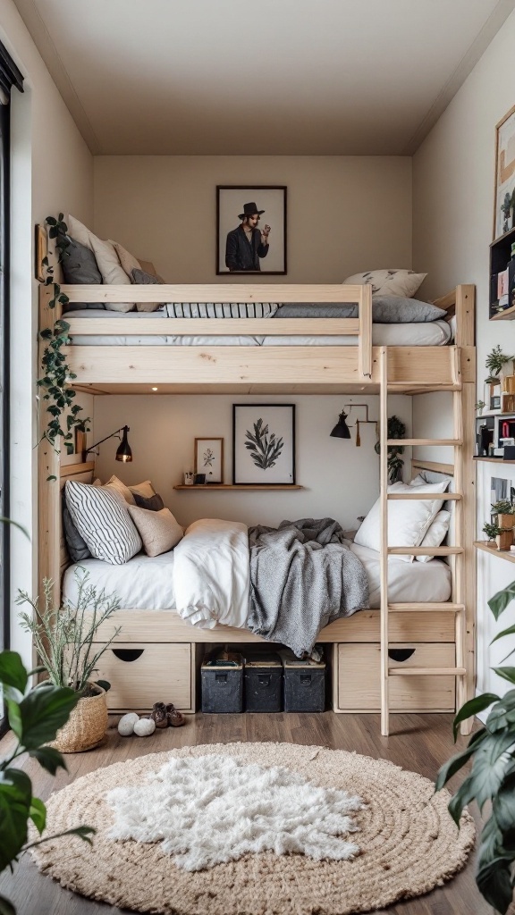 Cozy loft bed with modular features in a small room, featuring storage drawers and plants.