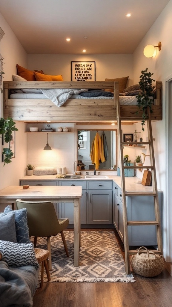 A cozy loft bed in a small room with a functional kitchen and living area below.