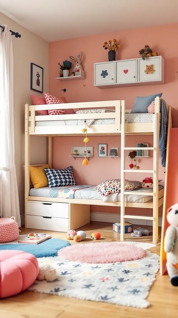 A cozy loft bed with a slide in a colorful small room.