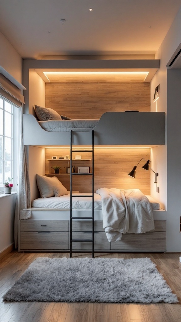 A cozy loft bed setup featuring smart lighting, built-in shelves, and a comfortable lower bed.