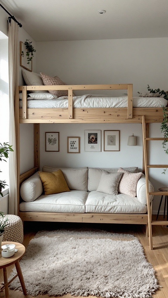 A cozy loft bed above a sofa, decorated with cushions and plants.