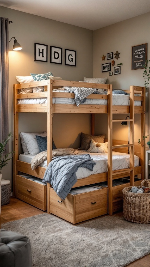 A cozy loft bed with two sleeping areas and storage drawers underneath, complemented by decorative items on the walls.