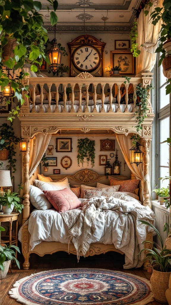 A cozy loft bed with vintage charm featuring intricate wooden details, plants, and framed artwork