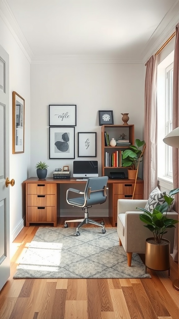 A small home office featuring a wooden desk, a comfortable chair, and decorative elements.