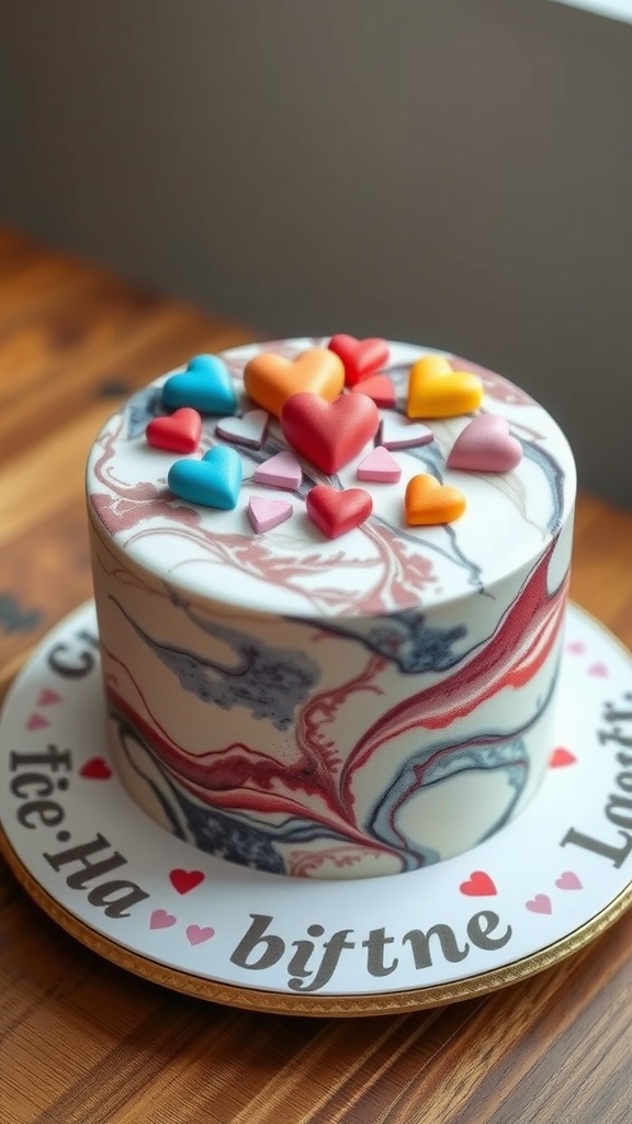 A beautifully decorated marble cake topped with colorful fondant hearts.