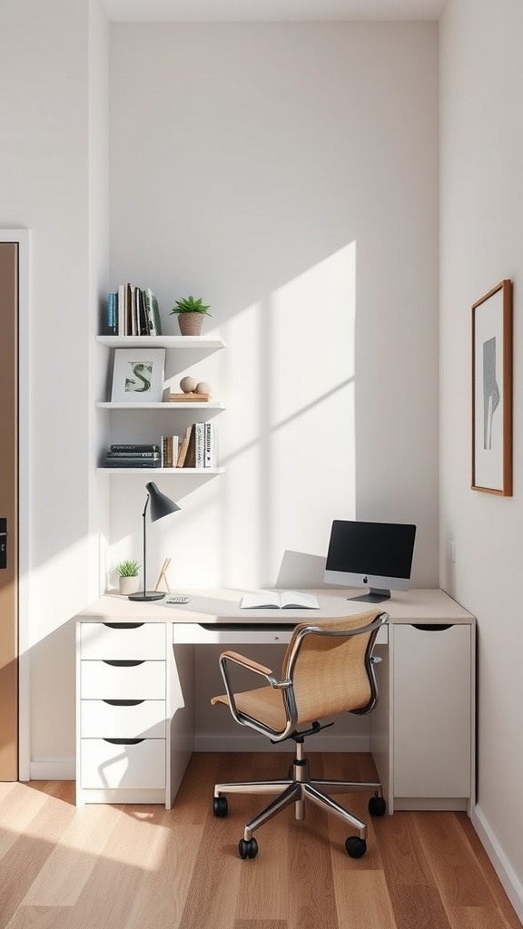 A modern small home office with a desk, chair, computer, and books on shelves, illuminated by natural light.