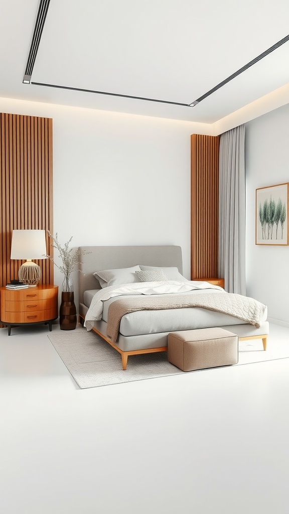 Cozy bedroom featuring minimalist furniture arrangement with wooden bed, nightstand, and rug.