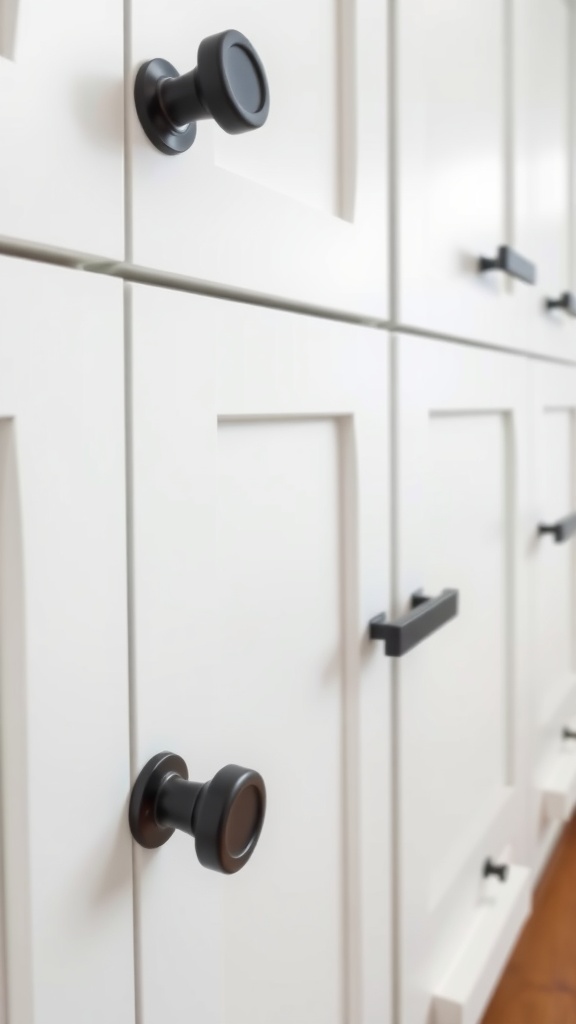 Close-up of minimalist black knobs and handles on white kitchen cabinets.