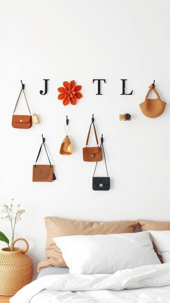 Minimalist wall hooks displaying various bags and decorative elements on a white wall.