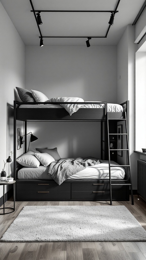 A minimalistic loft bed with a modern black metal frame, white bedding, and a cozy rug in a stylish small room.