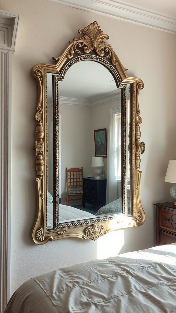 An ornate mirror reflecting a well-decorated bedroom with natural light.