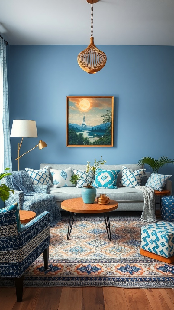 A cozy blue boho living room featuring a light blue wall, patterned cushions on a sofa, and patterned armchairs, with a coffee table and a colorful area rug.