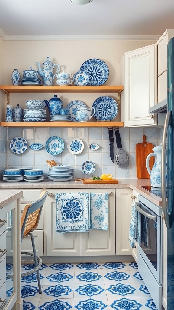 A cozy blue and white kitchen featuring patterned dishware and tiles.