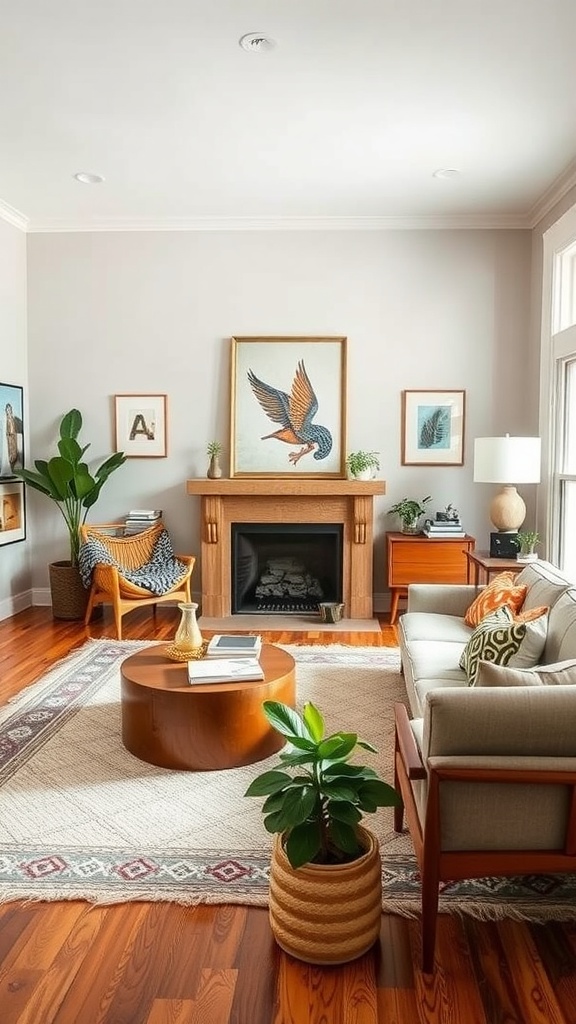 A stylish living room featuring a mix of boho and mid-century modern elements.