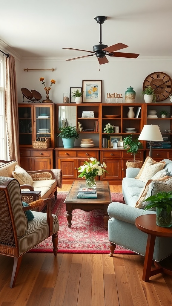 A cozy living room featuring a mix of vintage and modern furniture, including wooden shelves, a light blue sofa, and a striped chair.