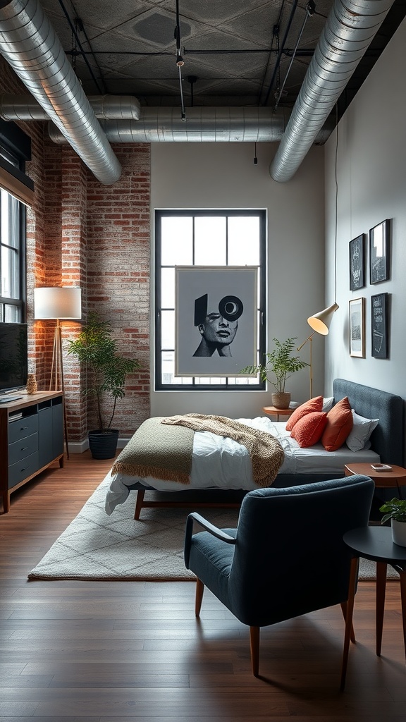 A modern urban loft bedroom featuring exposed brick walls, stylish furniture, and contemporary decor.