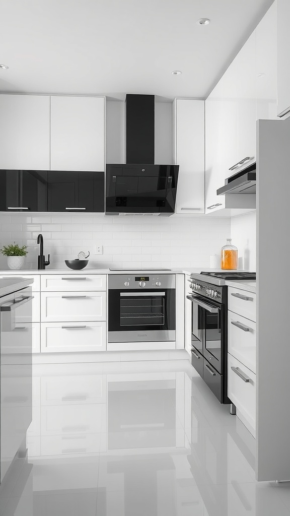 A modern kitchen with black and white appliances, featuring sleek cabinets and a glossy floor.