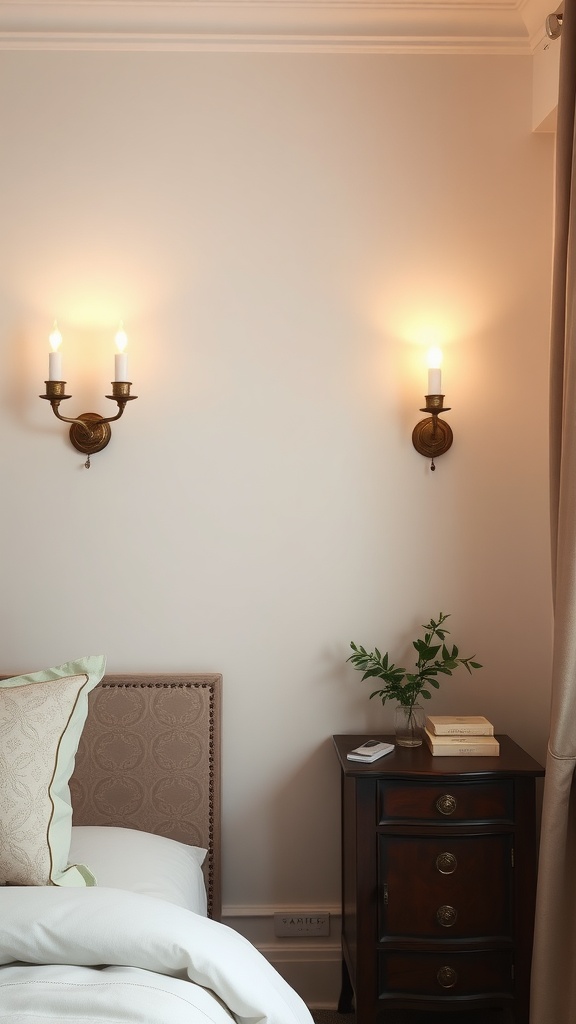 A cozy bedroom featuring two elegant wall sconces on the wall beside a bed.