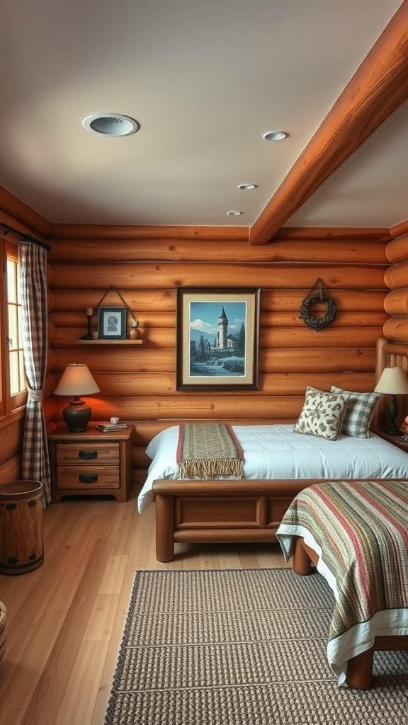 A cozy bedroom in a mountain cabin with wooden walls, a bed with a striped blanket, and rustic decor.