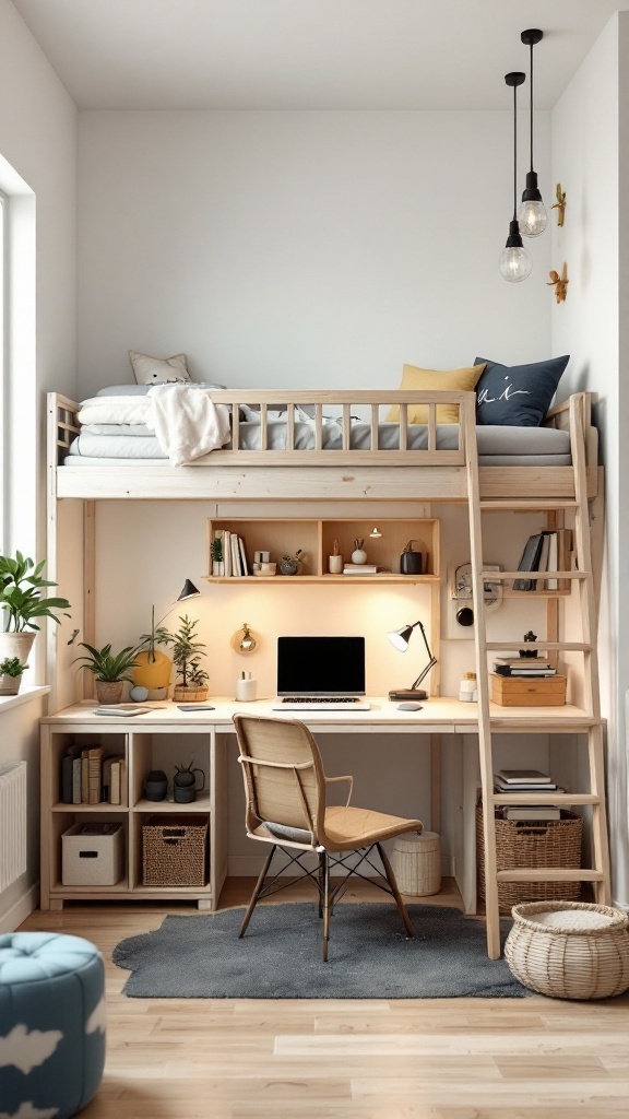 A cozy loft bed with a workspace underneath, featuring wooden elements, plants, and warm lighting.