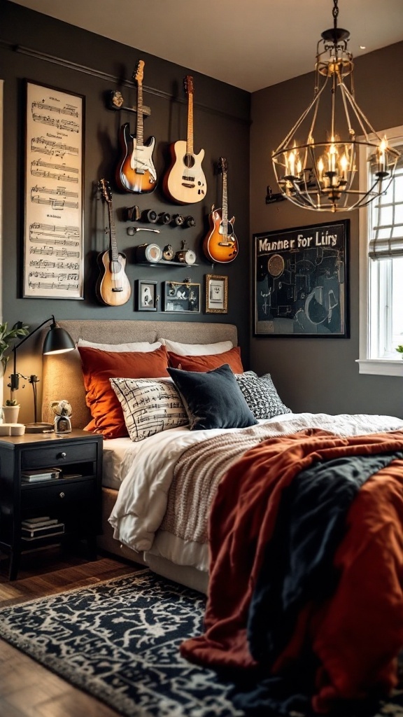 A cozy bedroom filled with guitars, a bed, and music-themed decor.