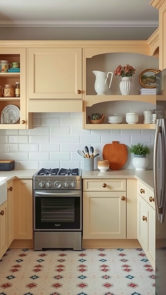 A cozy kitchen with muted biscuit colored cabinets, featuring open shelves and stylish bronze knobs.