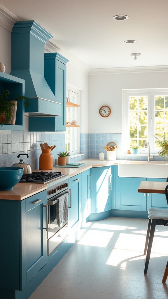 Bright blue and white kitchen filled with natural light