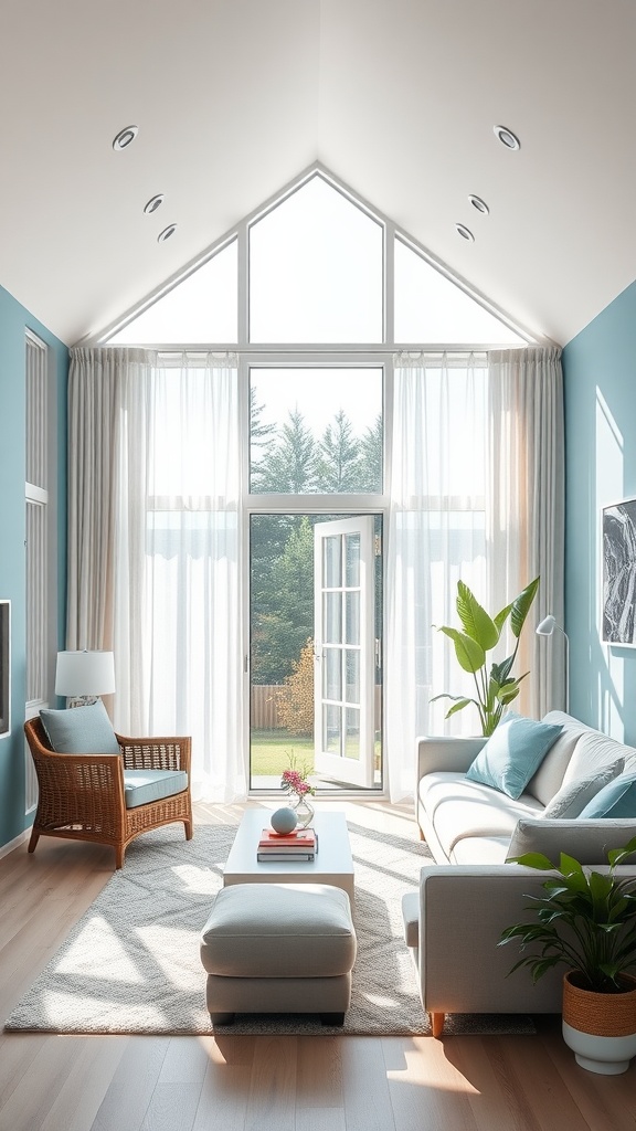 Bright blue boho living room with natural light, large windows, and plants.