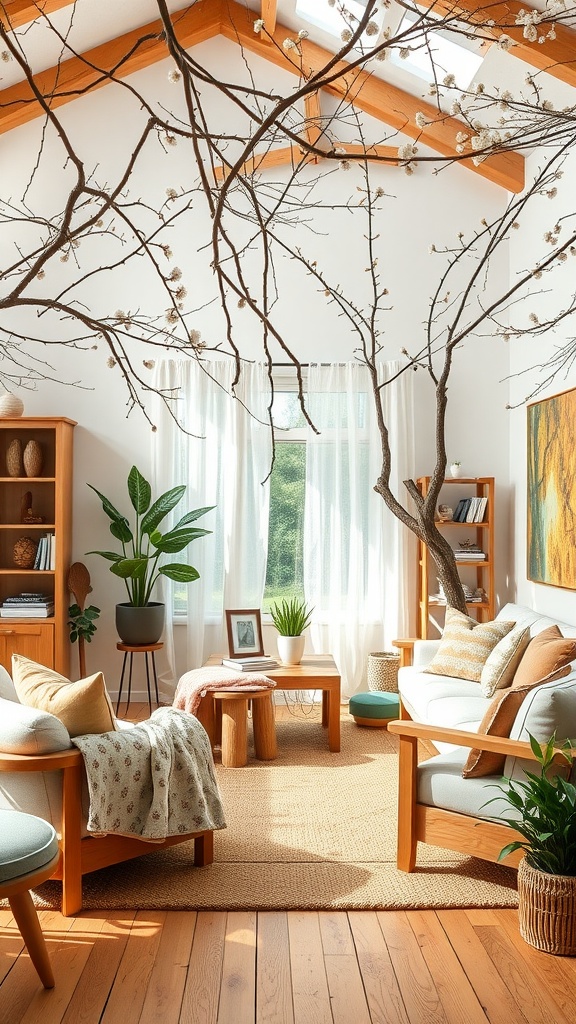 A cozy living room with natural wood accents, showcasing branches from the ceiling, light wooden furniture, and greenery.