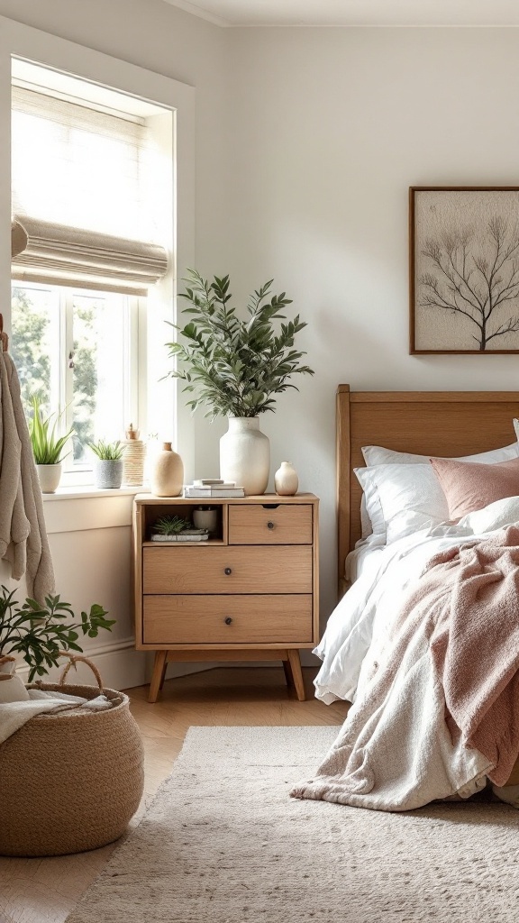 Cozy bedroom with natural wood accents, featuring a wooden bed, nightstand, and woven textures.