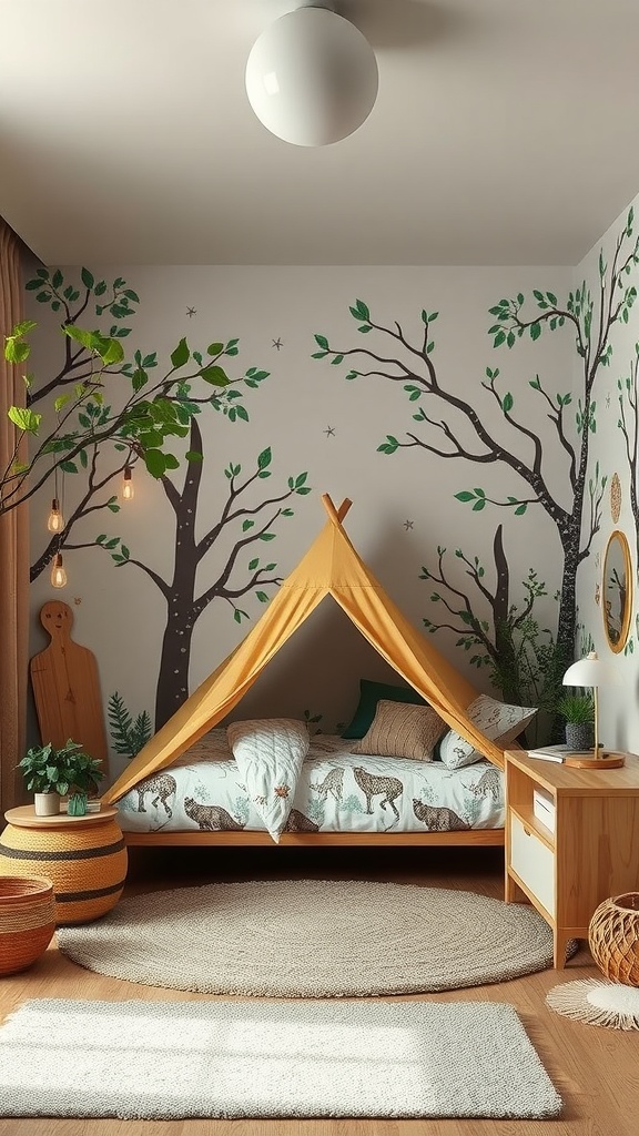 A boy's bedroom designed with a nature explorer theme featuring a tent bed, tree mural, and natural decor.