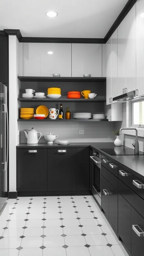 Modern kitchen with open shelving displaying colorful dishes against a black cabinet backdrop.