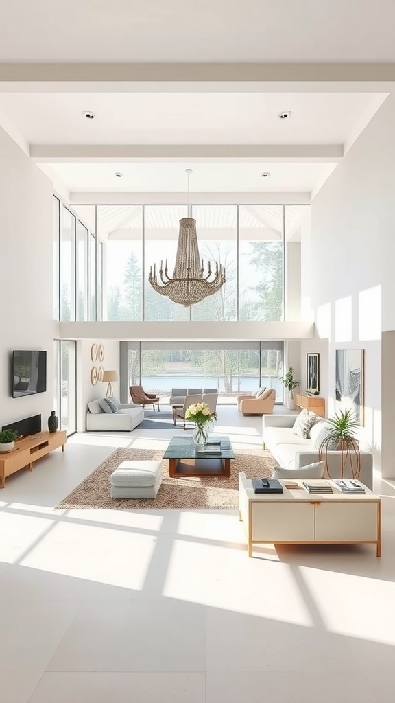 Bright and airy mid-century modern living room with large windows and minimalistic furniture.