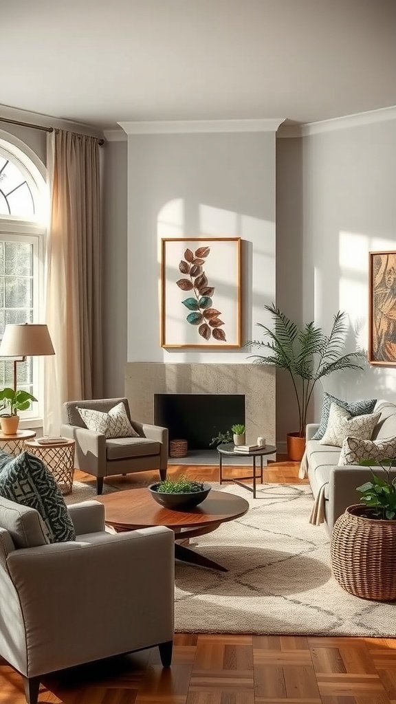 A cozy living room with natural light, plants, and leaf-themed artwork, showcasing outdoor-inspired decor.