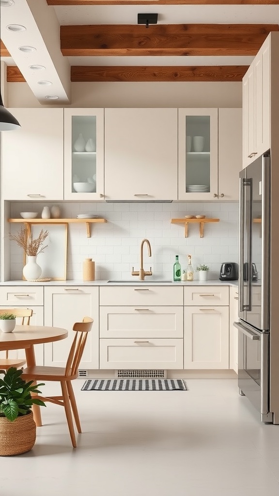 A stylish kitchen with Pale Almond cabinets, wooden beams, and a cozy dining area.