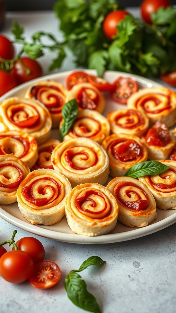 Pepperoni pizza pinwheels on a plate, garnished with fresh basil and cherry tomatoes.