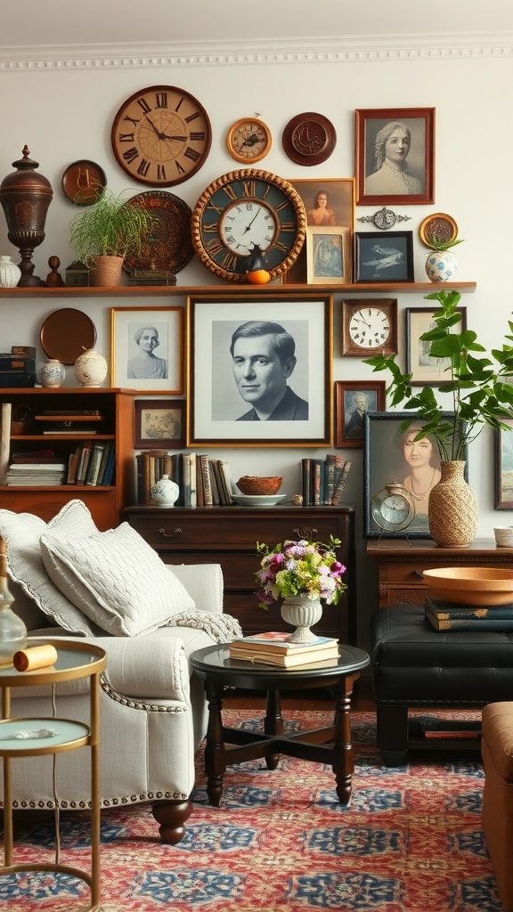 A cozy living room featuring vintage decor, framed pictures, and a warm color palette.