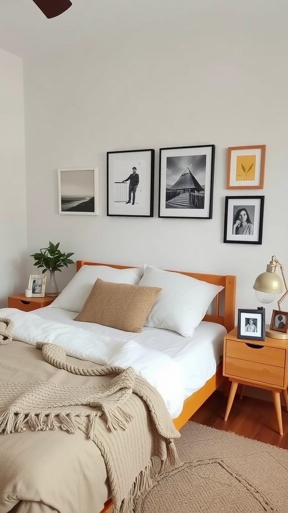 Cozy bedroom with neutral decor, a gallery wall, and personal touches