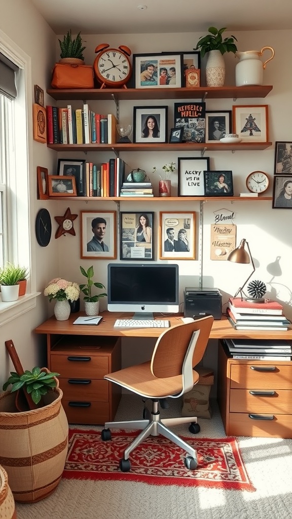 A cozy home office with a wooden desk, computer, and shelves filled with books and personal photos.